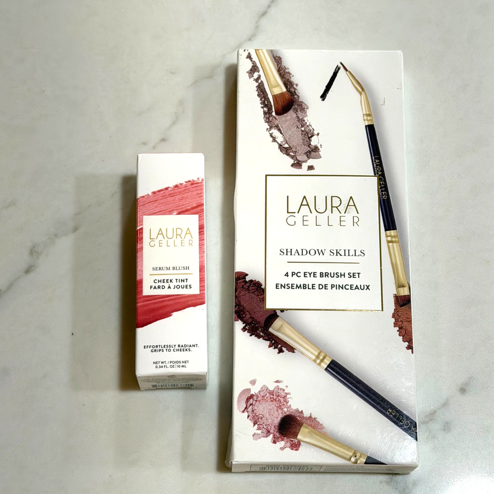 Laura Geller Makeup Bundle Shadow Skills 4pc Eye Brush Set + Serum Blush New Box